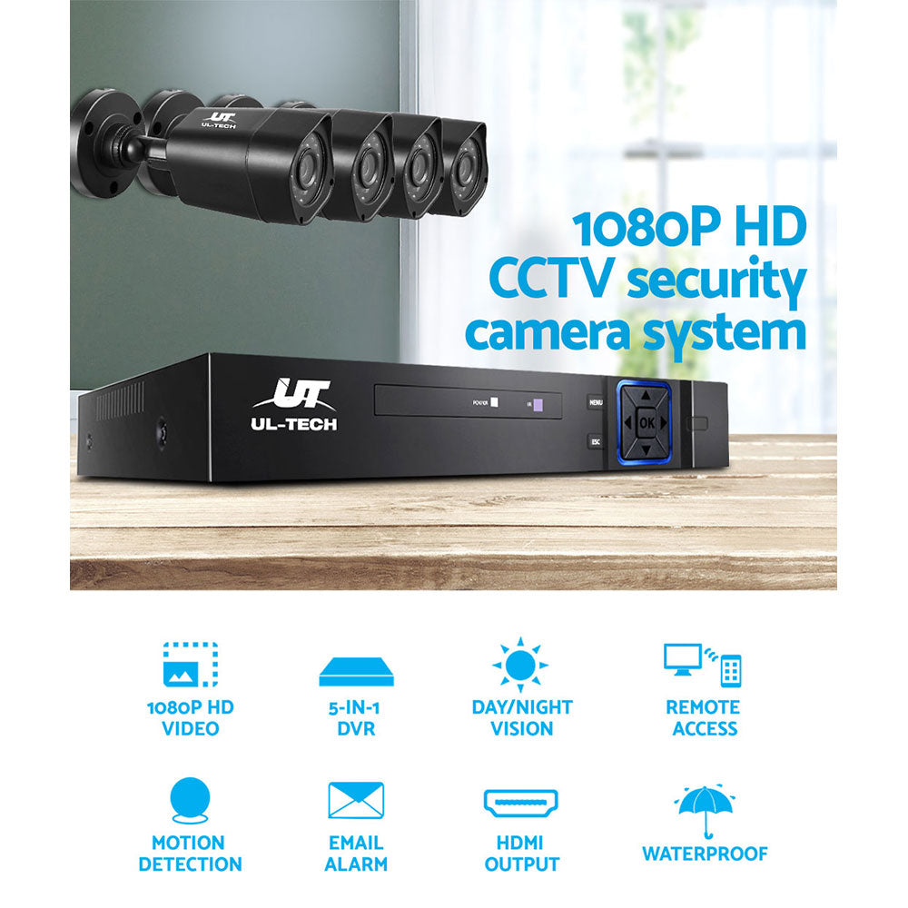 NNEDSZ -4CH 5 IN 1 DVR CCTV Security System Video Recorder 4 Cameras 1080P HDMI Black