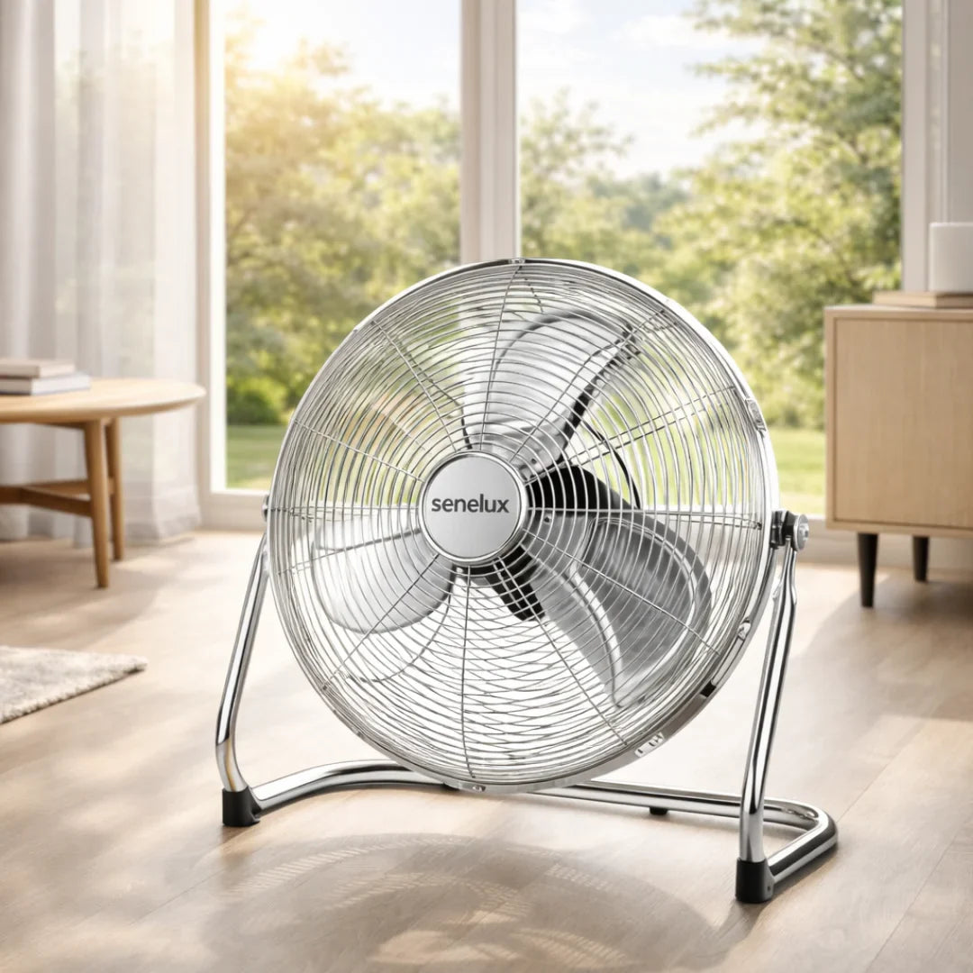 Chrome Floor Fan for Homes, Gyms, Bedrooms & Kitchens | with 3 Fan Speeds and Adjustable Tilt