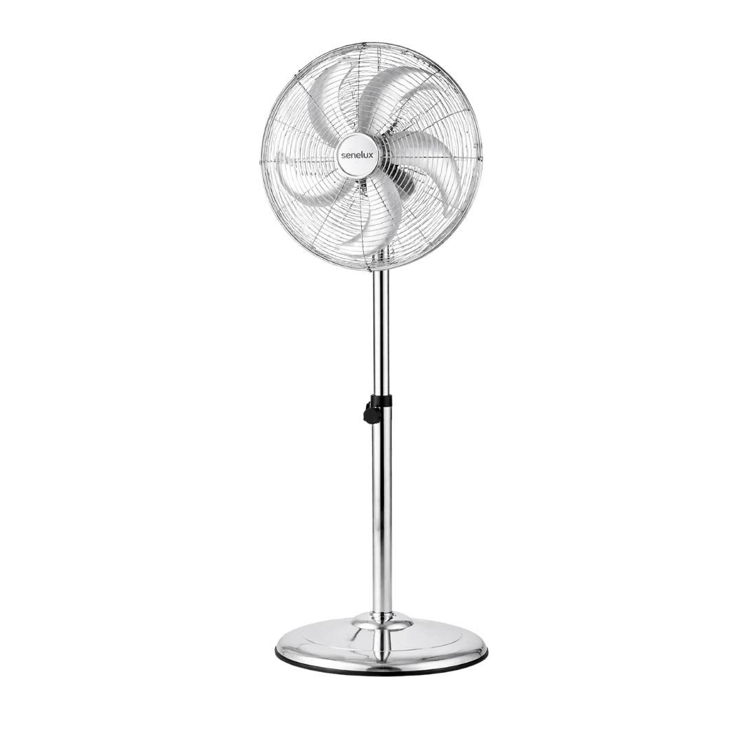 Senelux 16 Inch Metal Pedestal Floor Fan, Chrome Standing Fan with 5 Blades, Oscillating Function, 3 Speed Settings, Adjustable Height
